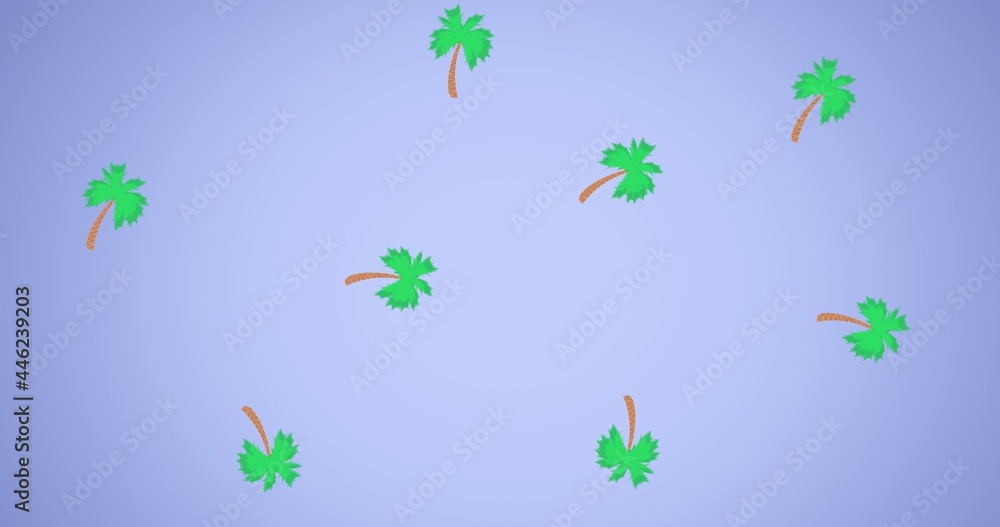 Composition of multiple palm trees on purple background