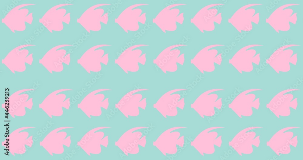 Composition of rows of pink fish on blue background