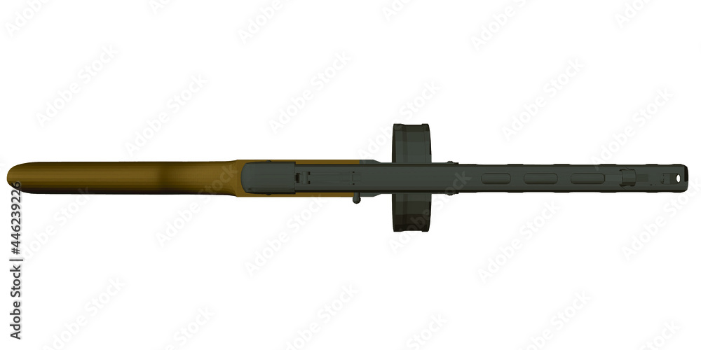 Polygonal Shpagin submachine gun. Soviet old machine gun. View from above. 3D. Vector illustration