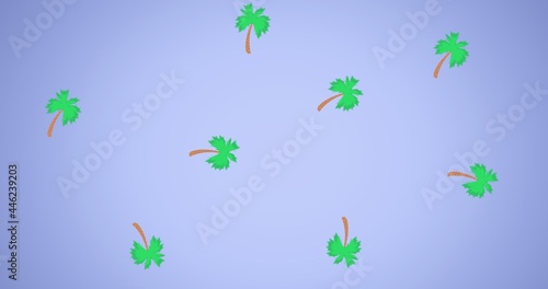Composition of multiple palm trees on purple background