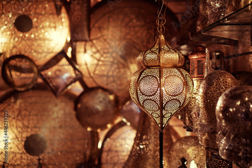 Copper souvenir handicraft shop in Morocco.