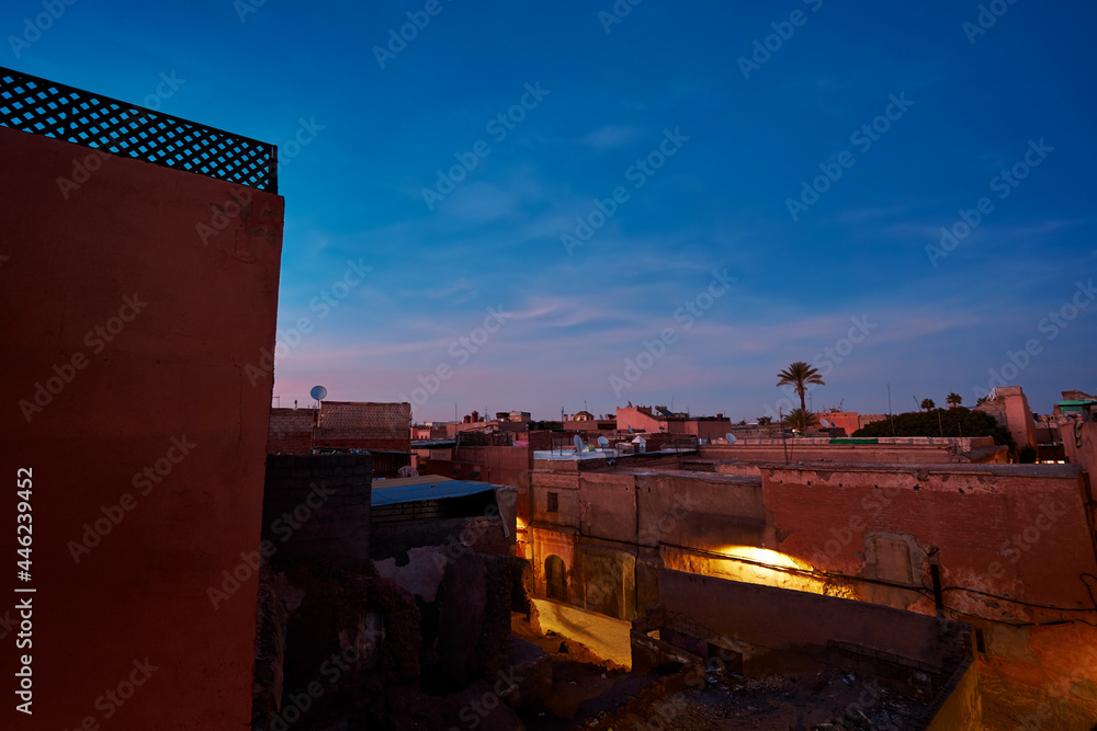 Arabian night. Rooftops city view in Marrakech.