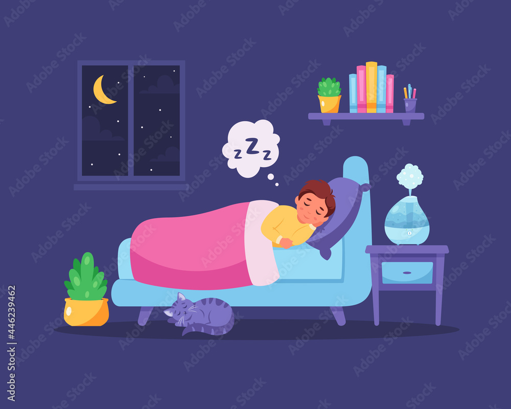 Little boy sleeping in bedroom with air humidifier. Healthy sleep. Vector illustration Little boy sleeping in bedroom with air humidifier. Healthy sleep. Vector illustration