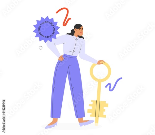 Concept of leadership. Flat vector illustration with business woman holding the key to success in a job, new project or startup.