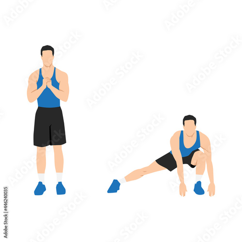 Man doing Lateral lunges to floor touches exercise. Flat vector illustration isolated on white background