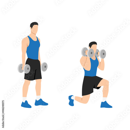 Man doing Lunging. Lunge with bicep hammer curls exercise. Flat vector illustration isolated on white background
