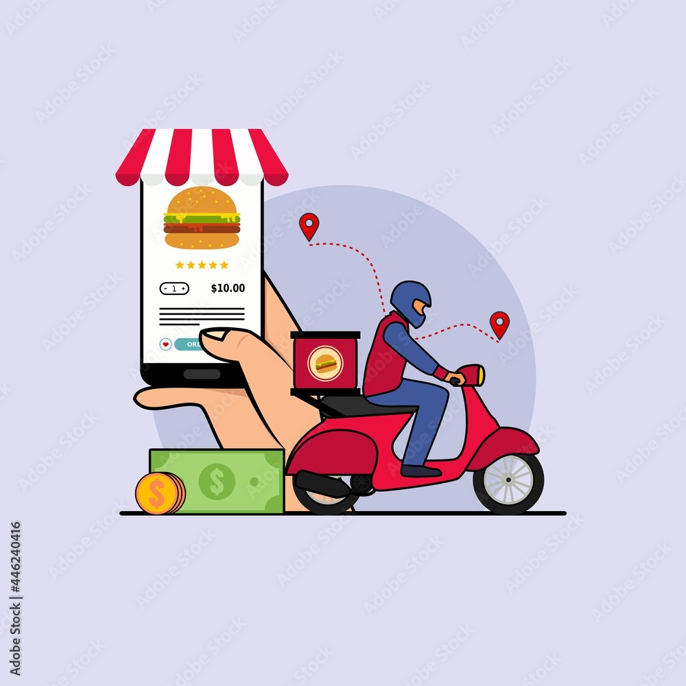 Illustration to find food delivery concept with smartphone maps gps location. Design vector with flat style