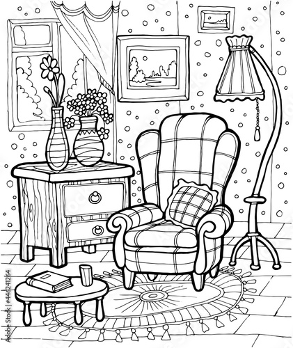 Black and white coloring book home interior of a room vector illustration 