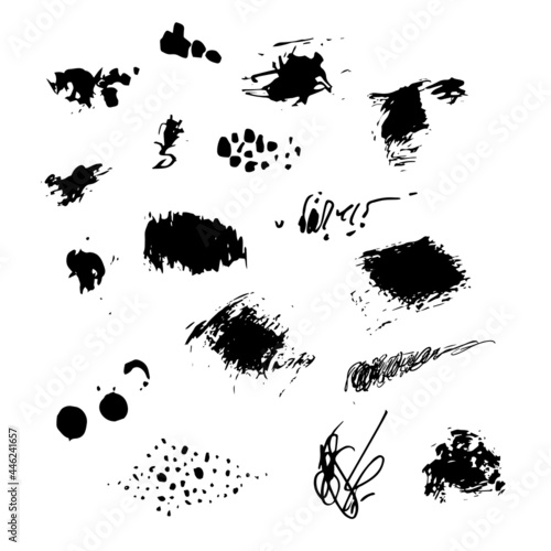 Hand Drawn monochrome texture elements set. Vector illustration isolated on white. Abstract artistic ink hand painted spots. Text template. Black and white shades. Grunge texture. Artist collection
