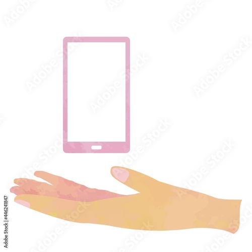 手とスマホ01_03（差し出した手の上に浮かぶピンクのスマートフォン）