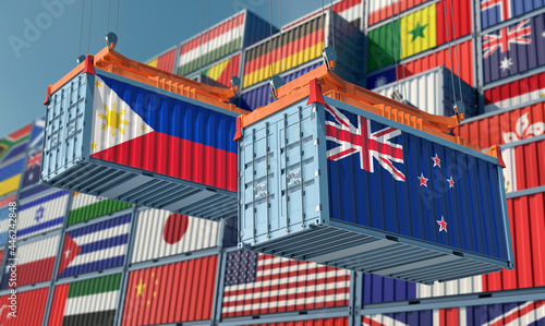 Freight containers with Philippines and New Zealand flag. 3D Rendering 