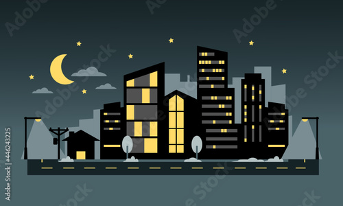 City building with street light on road with moon and stars in night time flat vector. 