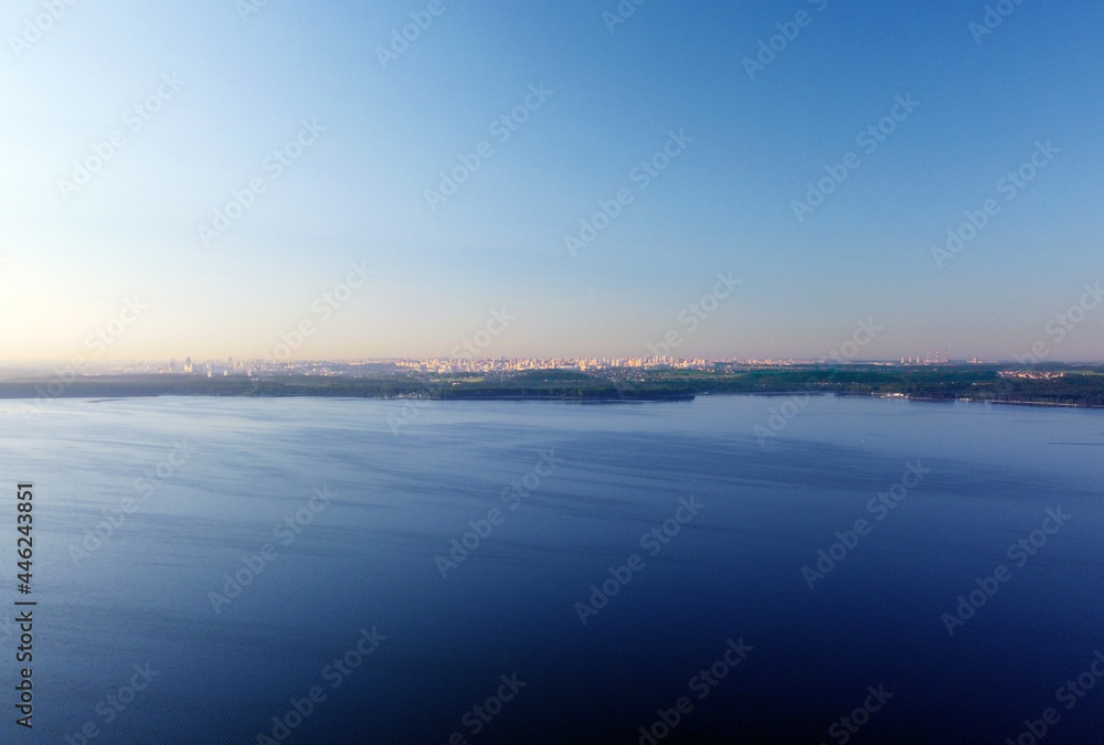 Fototapeta premium Water and sky for background. Aerial view of clean panoramic summer landscape