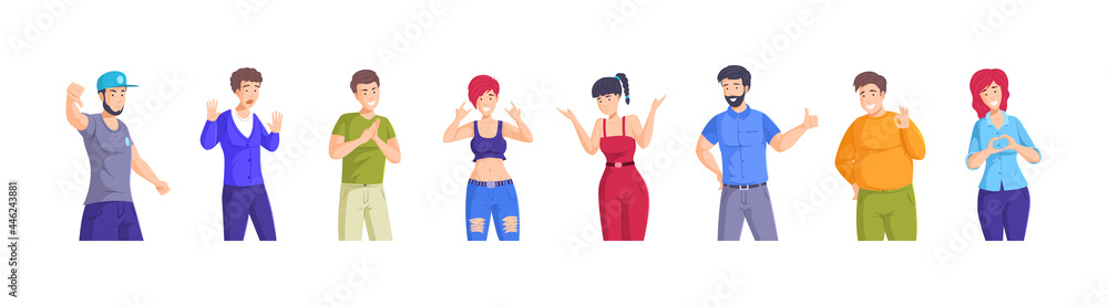 People showing different gesture. Man woman performing emotional expression with hands, negative positive emotions. Person demonstrate sing ok, don't know, thumbs up and down, rock, hand heart People showing different gesture. Man woman performing emotional expression with hands, negative positive emotions. Person demonstrate sing ok, don't know, thumbs up and down, rock, hand heart