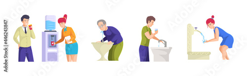 Set people different ages drinking water. Elderly, man, woman quench thirst with refreshing pure beverage. Person drink aqua from office cooler, public fountain, home plumbing, sink