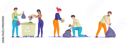 Collection diverse people clean up garbage. Man, woman and children volunteers cleaning from wastes