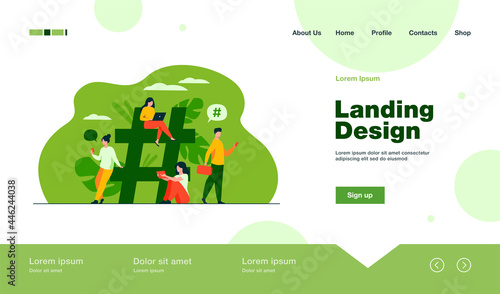 Tiny people near hashtag for social media flat vector illustration. Cartoon characters blogging and planning promotion in social network. Digital technology and communication concept