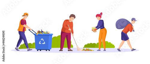 Collection diverse people clean up garbage. Man, woman and children volunteers cleaning from wastes