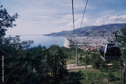 Cable car over Cleopatra beach in Alanya, Turkey. The cable car ride to the top of the castle.