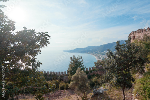 Ancient  wall of the medieval fortress castle of Alanya with sea view, Turkey. photo