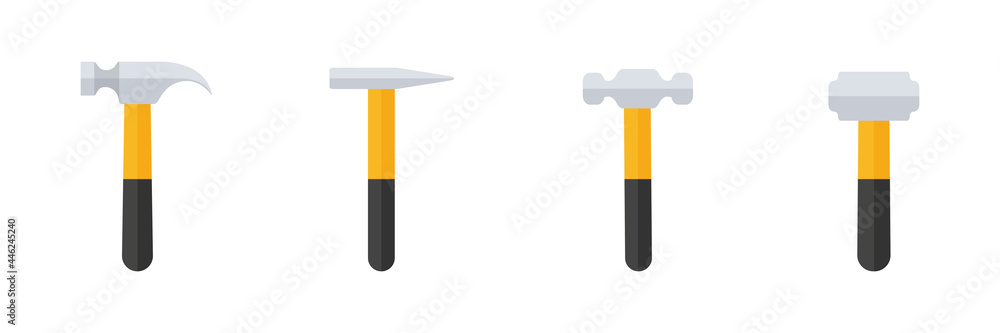 Hammer icon set. Black and yellow hummer collection in flat style. Work repair tool group. Vector illustration isolated on white. Hammer icon set. Black and yellow hummer collection in flat style. Work repair tool group. Vector illustration isolated on white.