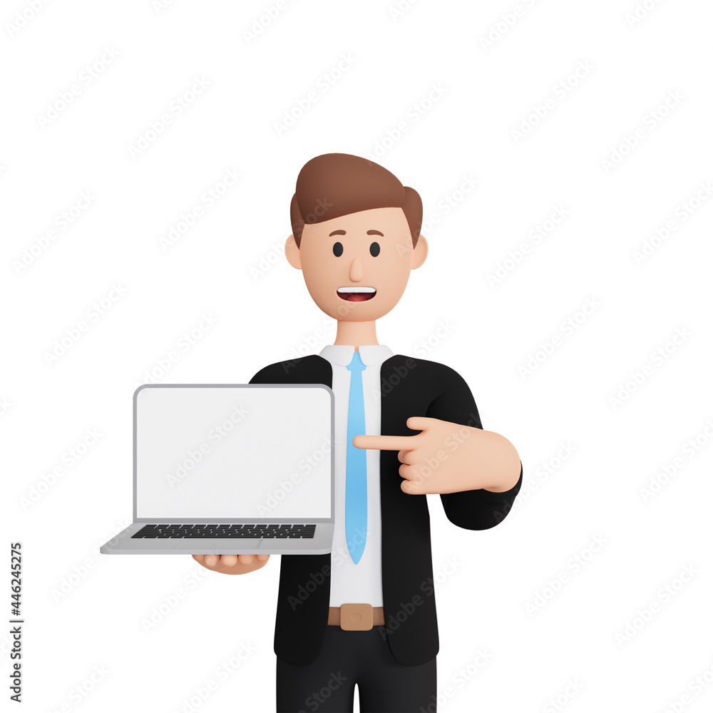 3d rendering male character pointing up laptop. 3d rendering male character pointing up laptop.