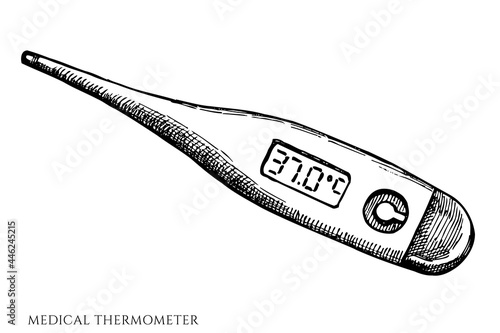 Vector set of hand drawn black and white medical thermometer