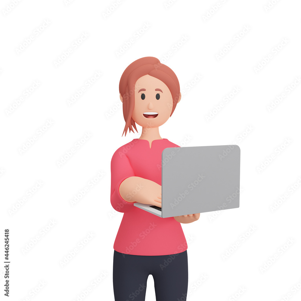 3d rendering smiling woman character with laptop 3d rendering smiling woman character with laptop