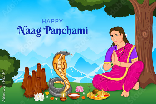 Woman doing puja Happy Naag panchami