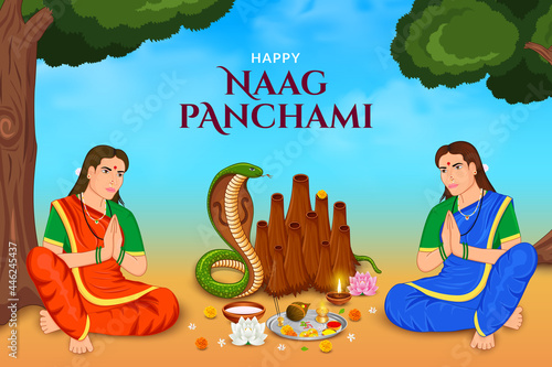 Woman doing puja Happy Naag panchami