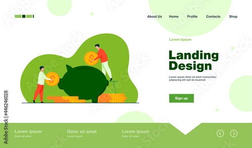 Two investors putting coins in piggybank. Bank, money, income flat vector illustration. Finance and investment concept for banner, website design or landing web page