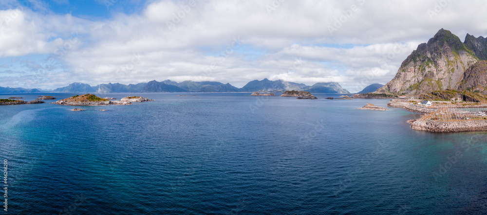 Wide blue panorama of the sea at Lofoten islands, Norway.