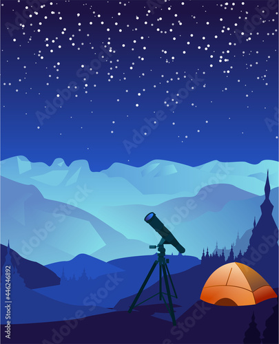 Mountain landscape, summer camping, telescope expidition, overnight near to bonfire in tent, star seeing. Editable vector illustration for banner, web site, social media