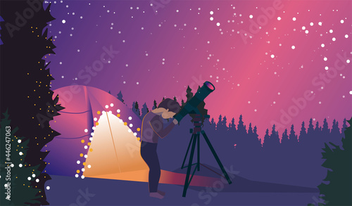 Boy using telescope near camping tent. Forest landscape, summer camping, telescope expidition, star seeing. Editable vector illustration for banner, web site, social media