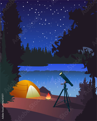 Forest and river landscape, summer camping, telescope expidition, overnight near to bonfire in tent, star seeing. Editable vector illustration for banner, web site, social media