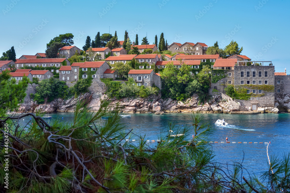 Picturesque view of Sveti Stefan resort-island, Montenegro, Adriatic sea, Europe