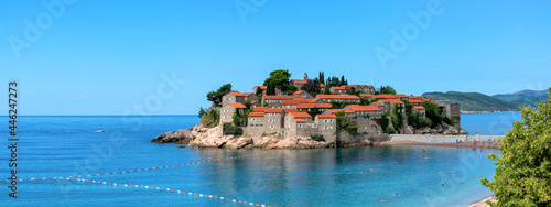 Picturesque panorama of Sveti Stefan resort-island, Montenegro, Adriatic sea, Europe © nmelnychuk