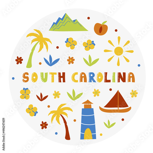 USA collection. Vector illustration of South Carolina. State Symbols - round shape
