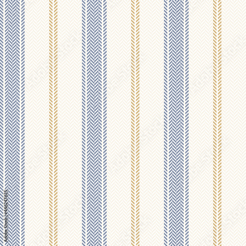 Stripe pattern with herringbone texture in blue, gold, off white. Seamless vertical lines background graphic for spring summer autumn dress, shirt, jacket, skirt, shorts, other modern textile print.