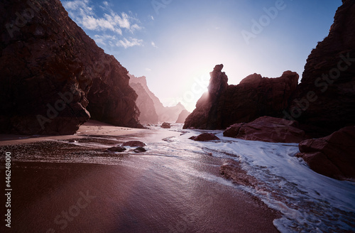 Cliffs and rocks on the Atlantic ocean coast - Praia da Ursa beach, Portugal.