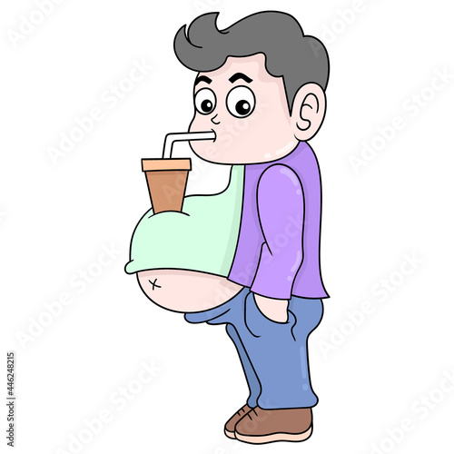 man with overweight belly is drinking ice, doodle icon image kawaii