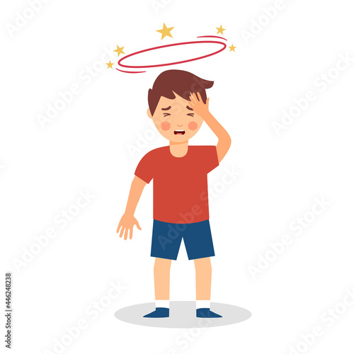 Sick kid feeling dizzy in flat design on white background. Unwell boy with spinning stars above his head.