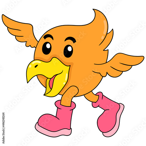 orange bird wearing boots on a walk, doodle icon image kawaii