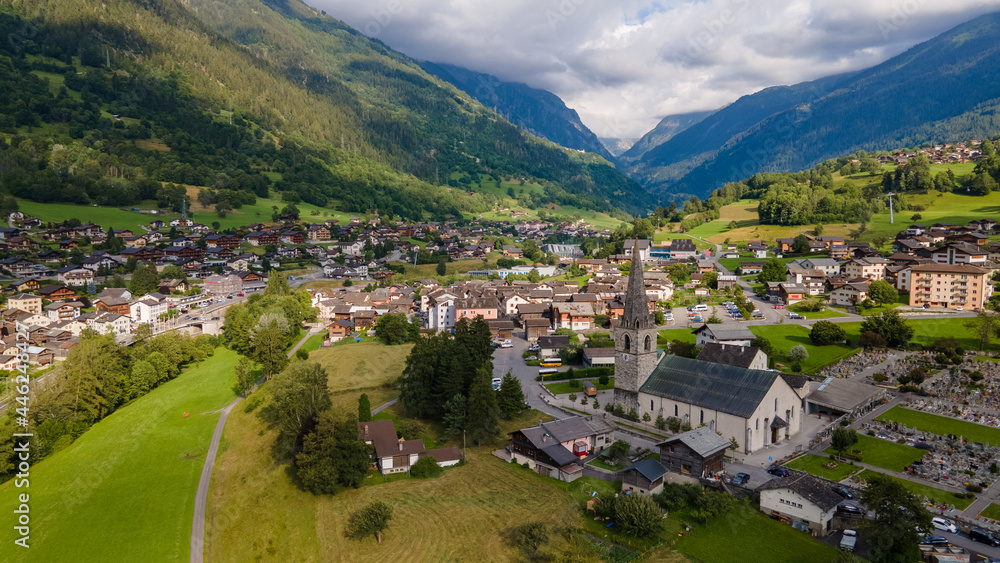 Drone pictures of the Chable village and the valley of Bagnes, Switzerland. 