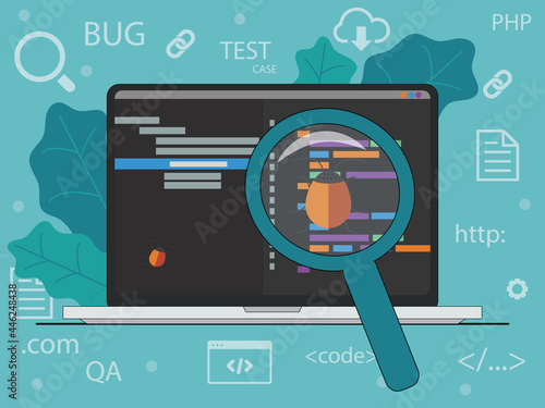 Illustration of software testing. Notebook with code, magnifier, bug. Flat illustration in green colors