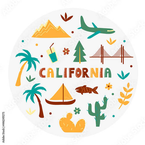 USA collection. Vector illustration of California. State Symbols - round shape
