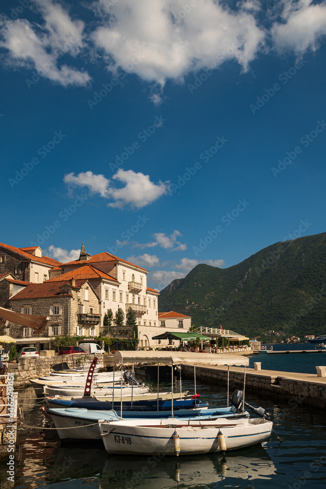 Boka-Kotor Bay, Perast city, Montenegro. Adriatic. A beautiful old town surrounded by mountains and the sea.