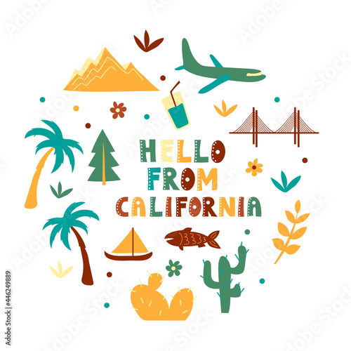 Illustrated map of the state of California in United States with state symbols. Hello from - card. Editable vector illustration