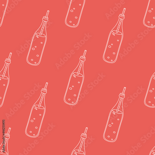 Seamless vector pattern with cute hand drawn lemonade bottles. White line objects isolated on red background. Fun graphic texture for package, wrapping paper, gift, fabric, textile, banner, wallpaper.