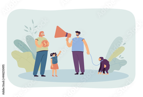 Man with monkey on leash offering to stroke animal for money. Mother holding gold coin, daughter wanting to play with monkey flat vector illustration. Business, exploitation of wild animals concept